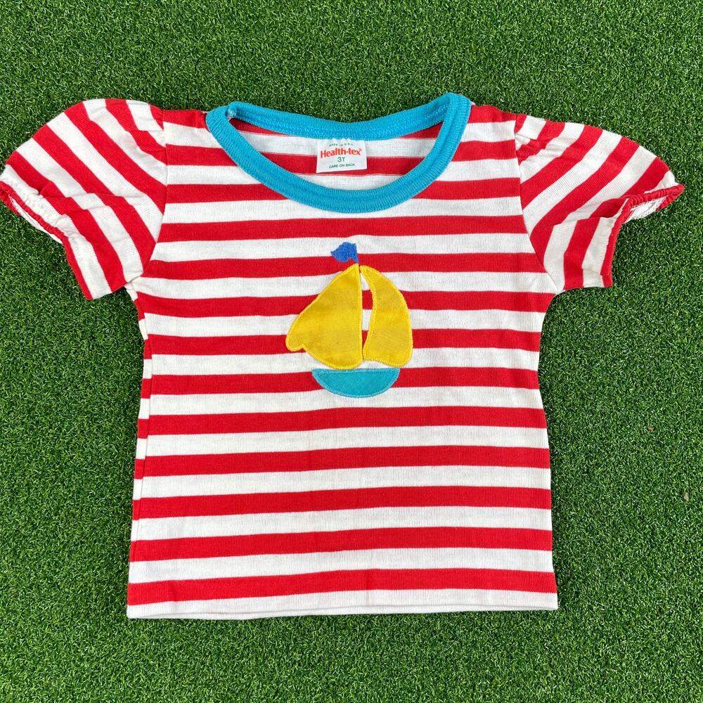 Vintage Health-tex Red White Stripe Sailboat Applique Short-Sleeve T-Shirt 3T